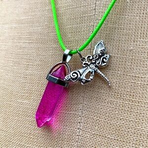 Handmade Hot Pink Resin Crystal Amulet Necklace & Dragonfly Charm